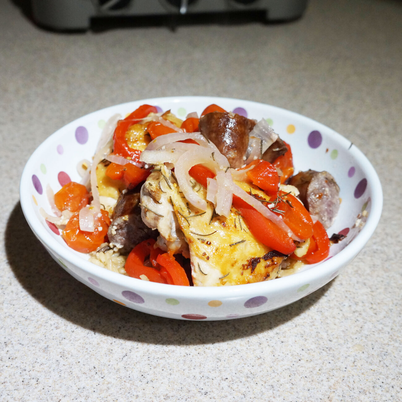 Hot Chicken with Sausage, Peppers and Tomato