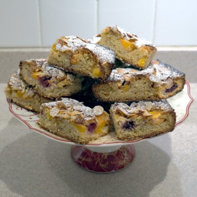 Peach melba squares with blackberry