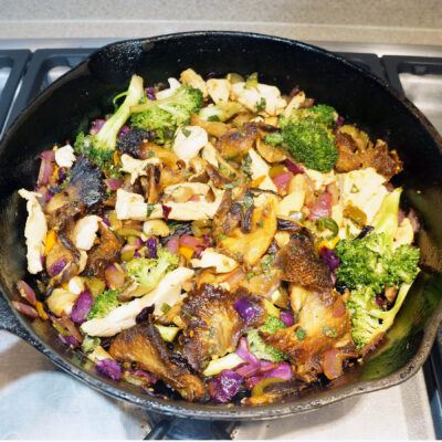 Oyster mushroom dish that can be prepared with or without chicken for an easy vegetarian option