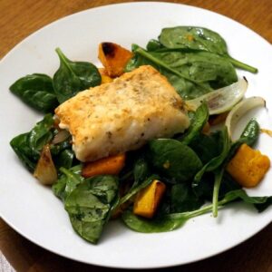 Cod with winter roasted vegetables